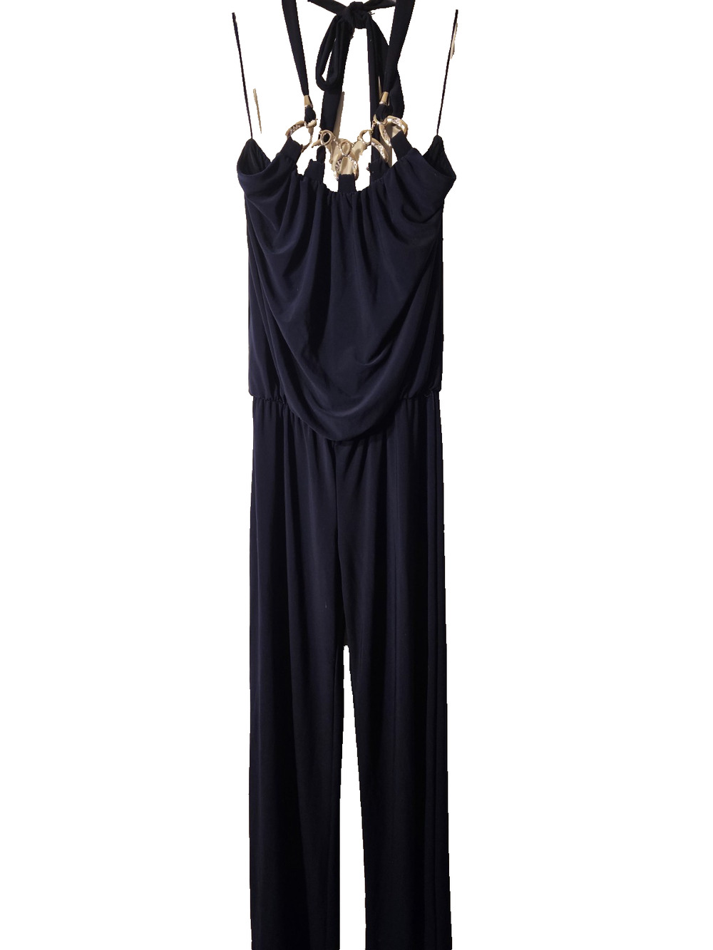 Cache Womens Navy Halter Slinky Jumpsuit Elastic Waist Gold Metal Size Small